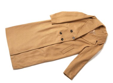 Elegant long women's coat isolated on white, top view