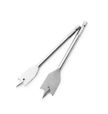 Spade drill bits isolated on white, top view. Carpenter's tools