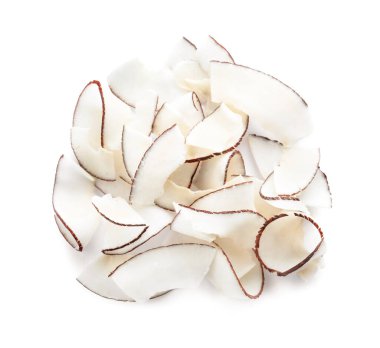 Pile of fresh coconut flakes isolated on white, top view clipart