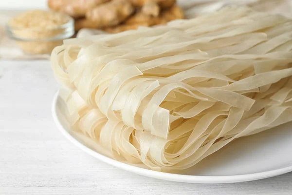 Raw Rice Noodles White Wooden Table Closeup — Stock Photo, Image