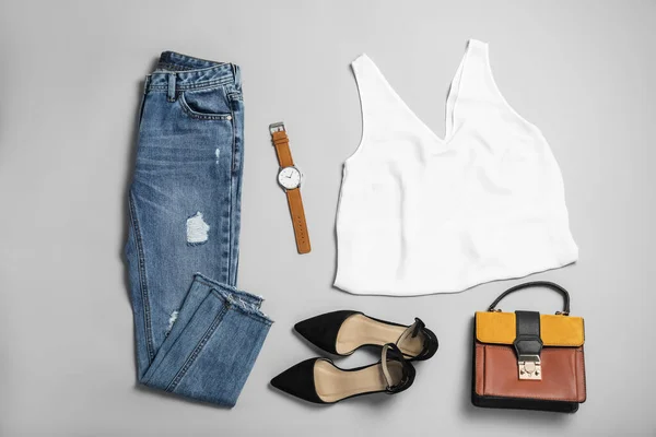 Stylish Outfit Jeans Light Grey Background Flat Lay — 스톡 사진