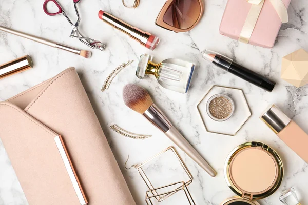 Flat Lay Composition Different Luxury Makeup Products Accessories White Marble — 스톡 사진