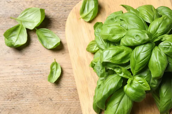 Basilico Fresco Sul Tavolo Legno Posa Piatta — Foto Stock