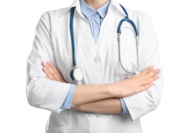 Doutor Com Estetoscópio Sobre Fundo Branco Close Serviço Médico — Fotografia de Stock