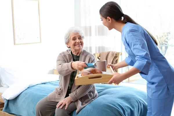 Cuidador sirviendo cena para anciana en geriatría hospic — Foto de Stock