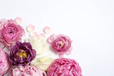 Beyaz arka planda güzel çiçekli kompozisyon, üst manzara. Çiçek kart tasarımı