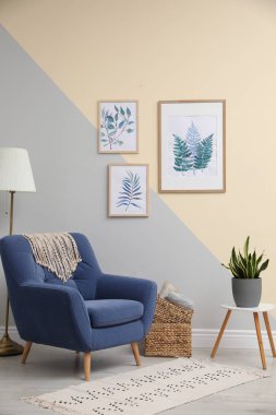 Stylish room interior design with floral paintings