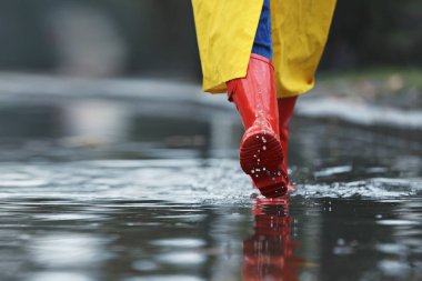 Woman in rubber boots walking outdoors on rainy day, closeup. Sp