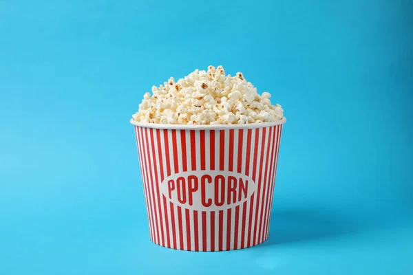 Delicious Popcorn Paper Bucket Light Blue Background — Stock Photo, Image