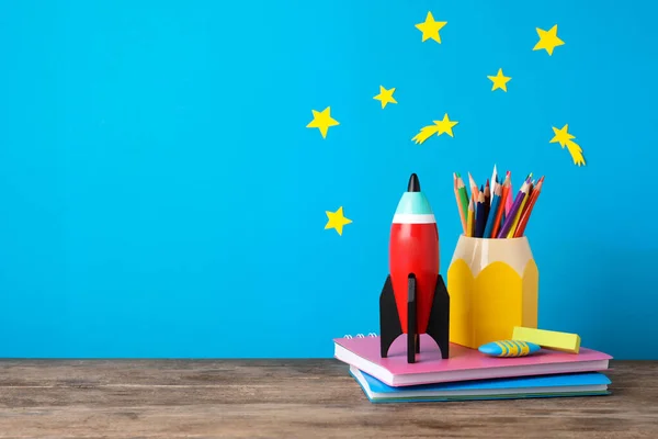 Bright Toy Rocket School Supplies Wooden Desk Space Text — Stock Photo, Image