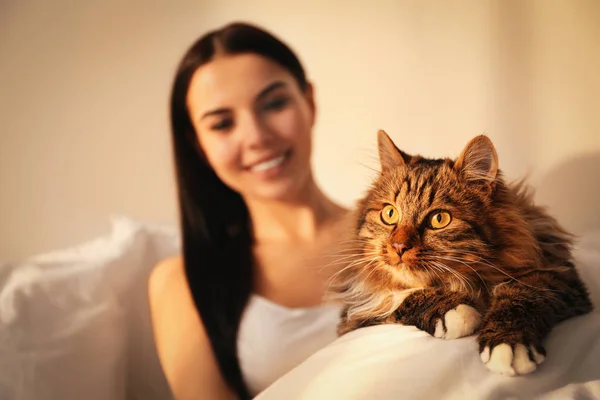 Mooie jonge vrouw met haar schattige kat op bed, focus op huisdier — Stockfoto