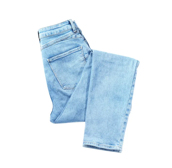 Nova calça jeans elegante isolado em branco, vista superior — Fotografia de Stock