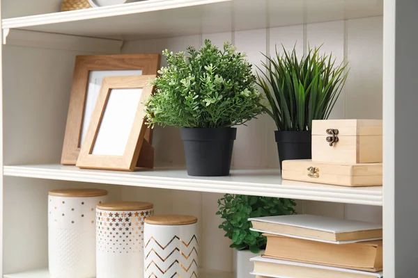 White Shelving Unit Plants Different Decorative Stuff — Stock Photo, Image