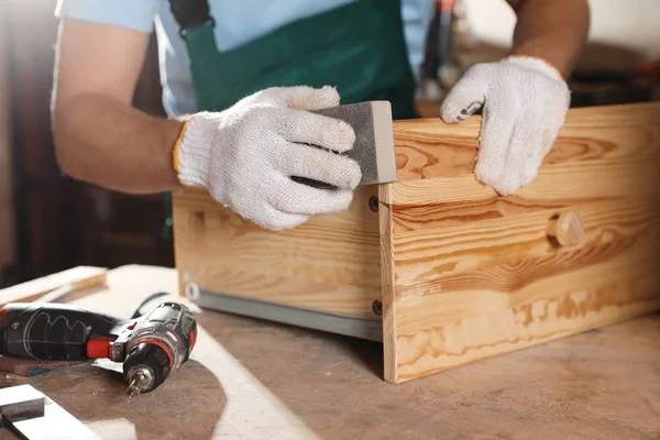 Professional Carpenter Polishing Wooden Drawer Workshop Closeup — Stockfoto