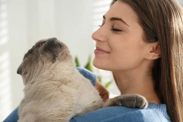 Jonge vrouw met leuke kat thuis, close-up. pluizig huisdier — Stockfoto