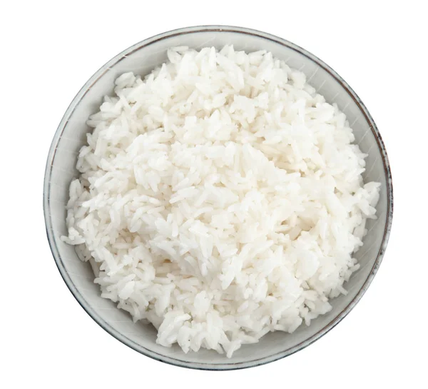 Tigela com arroz cozido isolado em branco, vista superior — Fotografia de Stock