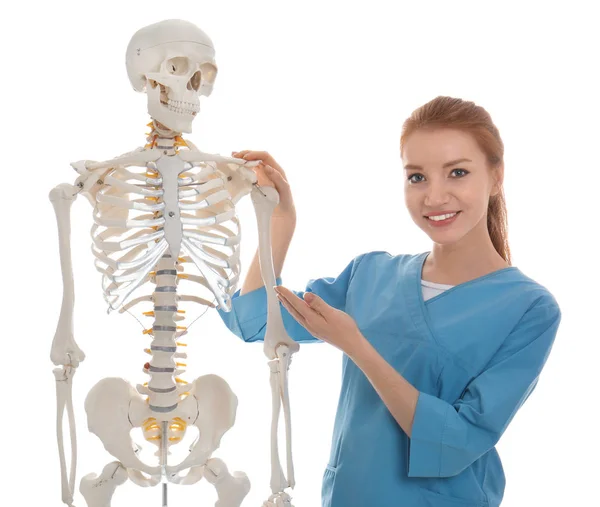 Vrouwelijke orthopeed met menselijk skelet model op witte achtergrond — Stockfoto