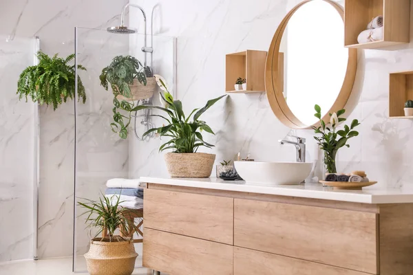 Zielone rośliny w eleganckiej nowoczesnej łazience. Projekt wnętrza — Zdjęcie stockowe