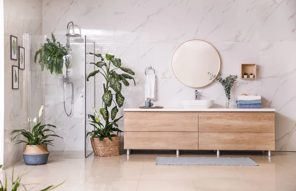 Зелені рослини в елегантній сучасній ванній кімнаті. Дизайн інтер'єру — стокове фото