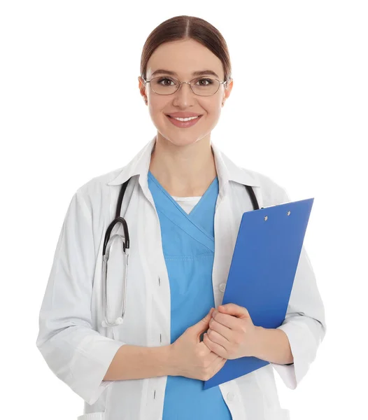 Portrait of doctor with clipboard on white background — 스톡 사진