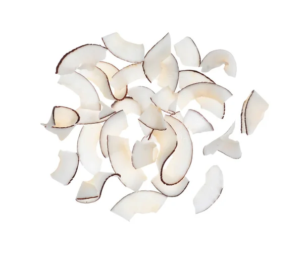 Frische Kokosflocken auf weißem Hintergrund, Draufsicht — Stockfoto