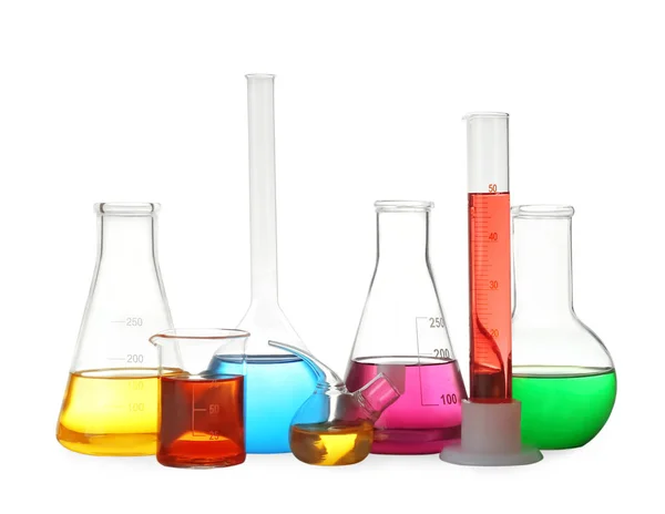 Different Laboratory Glassware Colorful Liquids Isolated White — 스톡 사진