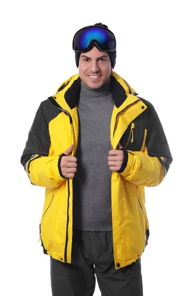 Muž na sobě stylové zimní sportovní oblečení na bílém pozadí — Stock fotografie