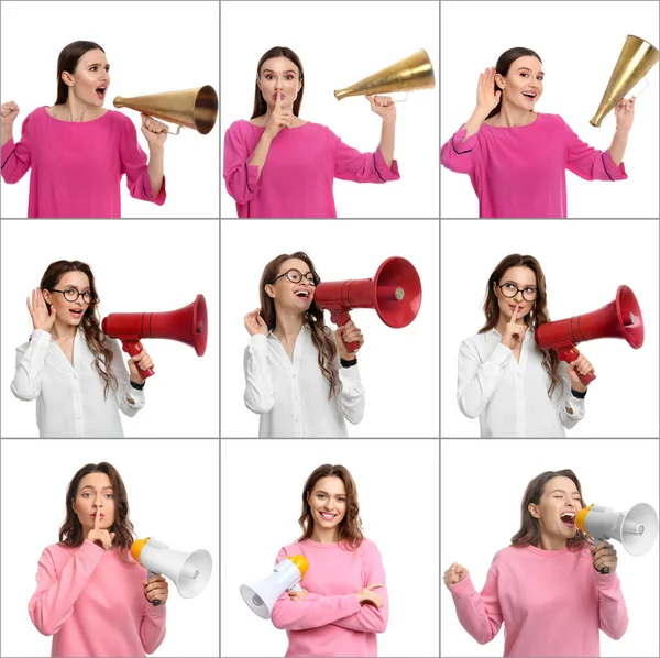 Colagem Mulheres Com Megafones Fundo Branco — Fotografia de Stock