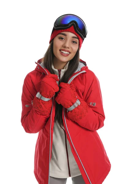 Femme portant des vêtements de sport d'hiver élégants sur fond blanc — Photo