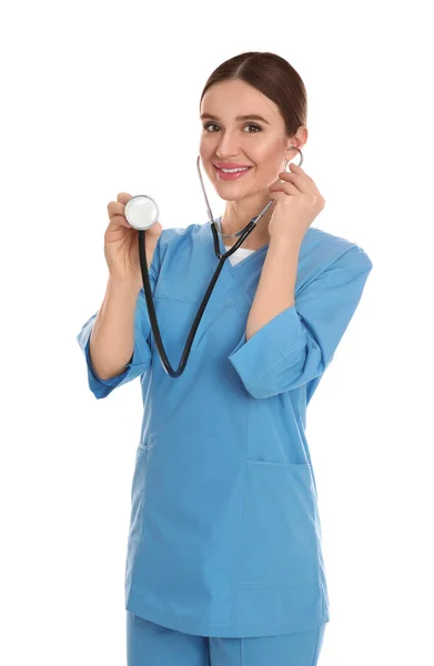 Portrait of doctor with stethoscope on white background Stock Image