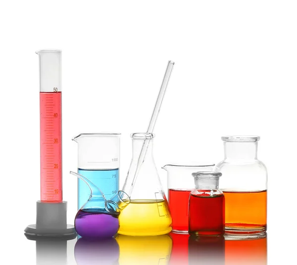 Different Laboratory Glassware Colorful Liquids Isolated White — Stock Photo, Image