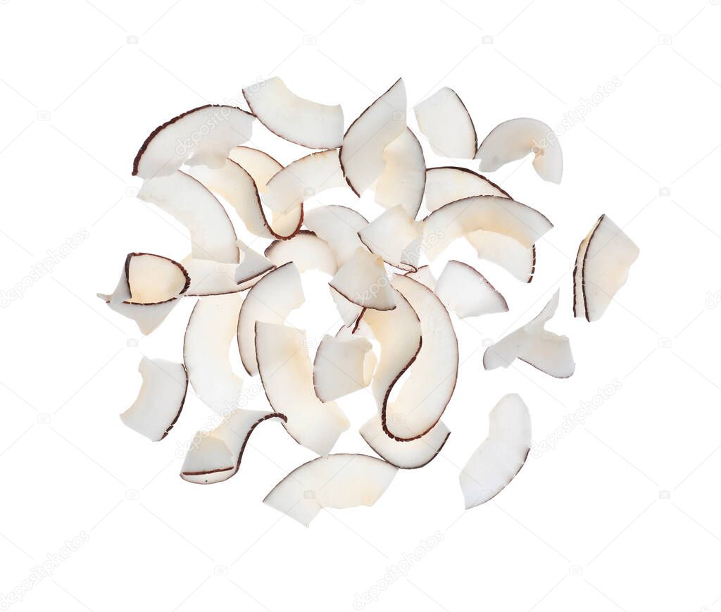 Fresh coconut flakes on white background, top view