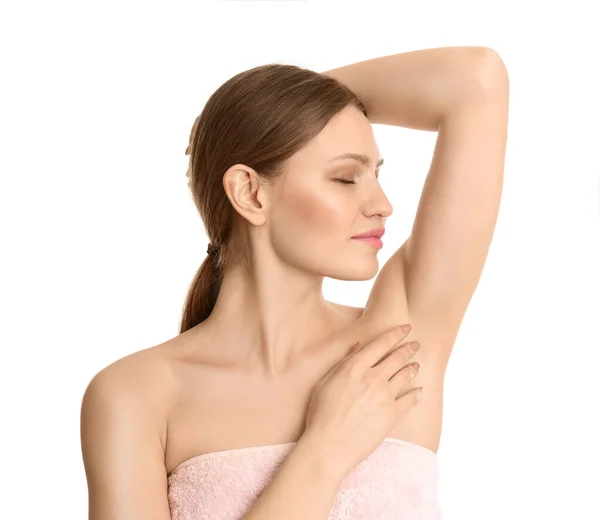 Young Beautiful Woman Showing Armpit Smooth Clean Skin White Background — Stock Photo, Image