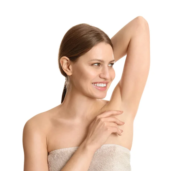 Young Beautiful Woman Showing Armpit Smooth Clean Skin White Background — Stock Photo, Image