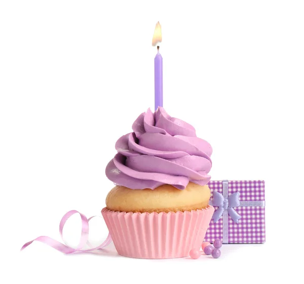Heerlijke Verjaardag Cupcake Met Kaars Cadeau Witte Achtergrond — Stockfoto