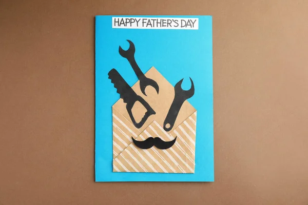 Greeting Card Phrase Happy Father Day Brown Background Top View — Stock Photo, Image