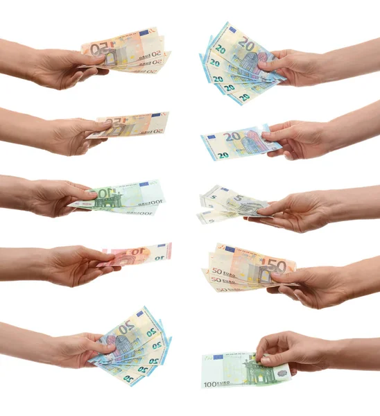 Collage Women Holding Euro Banknotes White Background Closeup — Stock Photo, Image