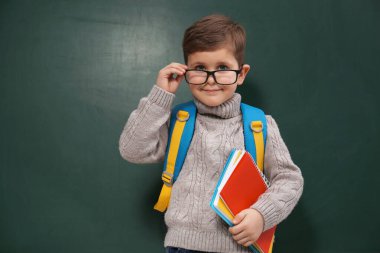 Cute little child wearing glasses near chalkboard. First time at