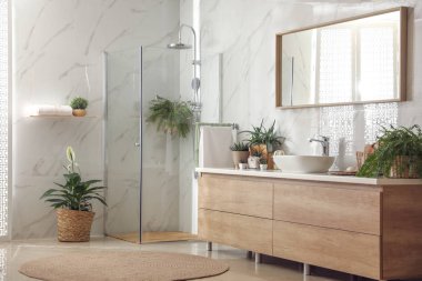 Stylish bathroom interior with countertop, shower stall and hous