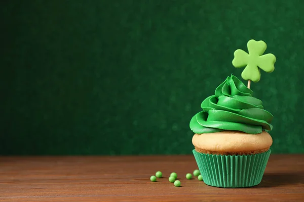 Delicious Decorated Cupcake Wooden Table Space Text Patrick Day Celebration — ストック写真