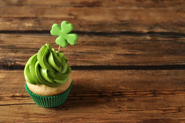 Delicious Decorated Cupcake Wooden Table Space Text Patrick Day Celebration — ストック写真