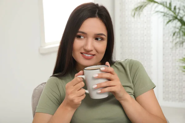 Young Woman Cup Drink Relaxing Home — 스톡 사진