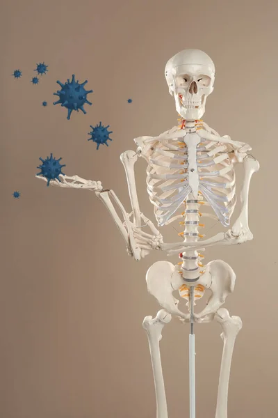 Artificial human skeleton and virus on beige background