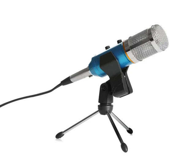 Modern microphone isolated on white. Journalist's equipment — Stock Photo, Image