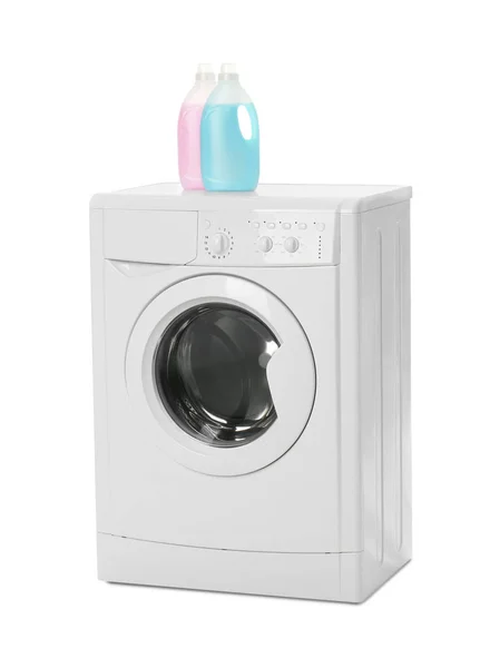 Modern washing machine and detergents on white background. Laund — 스톡 사진