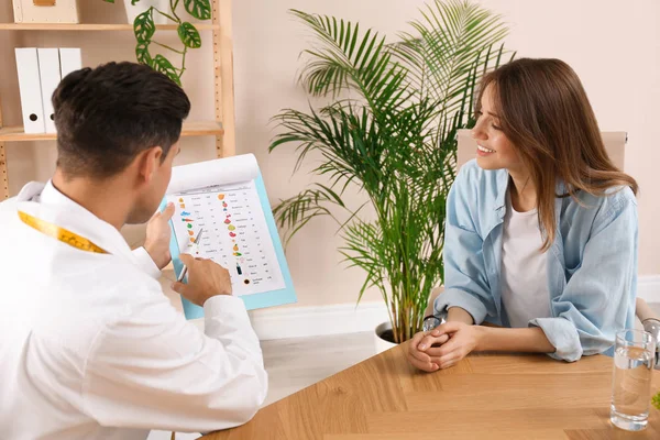 Дієтолог консультує пацієнта за столом у клініці — стокове фото