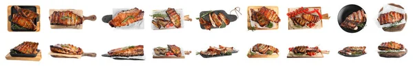 Set Delicious Roasted Ribs White Background Banner Design — 스톡 사진