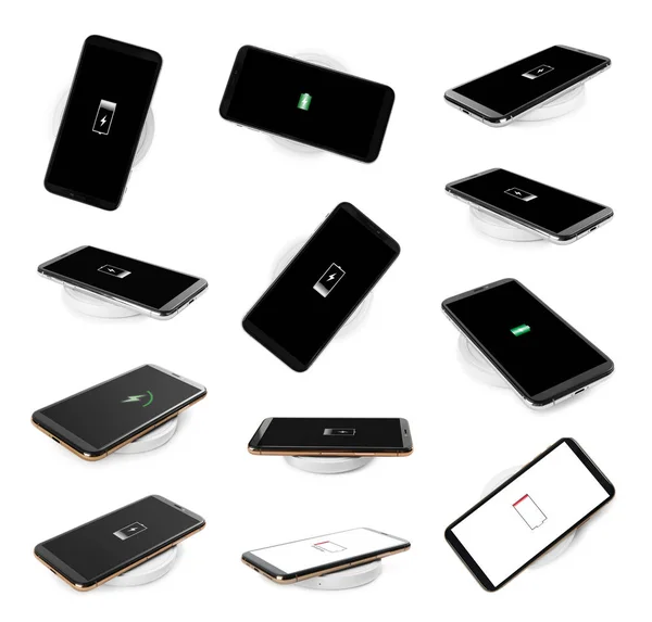 Collage Met Draadloze Opladers Smartphones Witte Achtergrond — Stockfoto