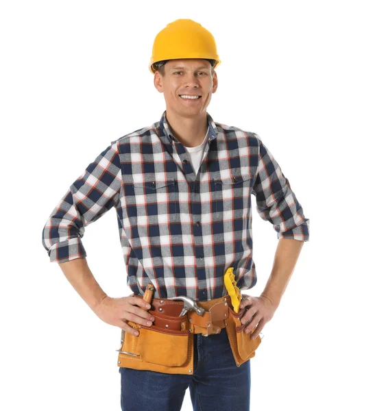 Handsome carpenter with tool belt isolated on white — ストック写真