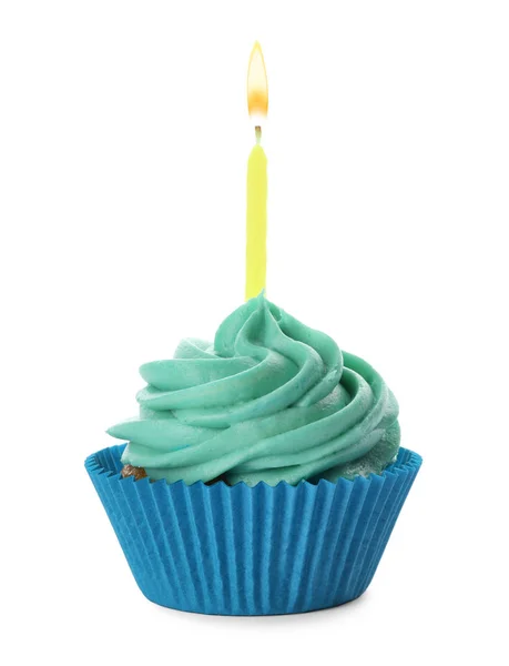 Lahodný narozeninový dortík se svíčkou a světle modrým krémovým isolem — Stock fotografie
